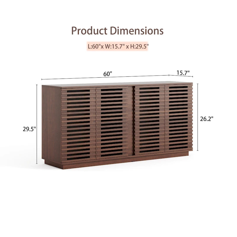 63" Buffet Sideboard Cabinet with Slatted Solid Wood Doors & Adjustable Shelves