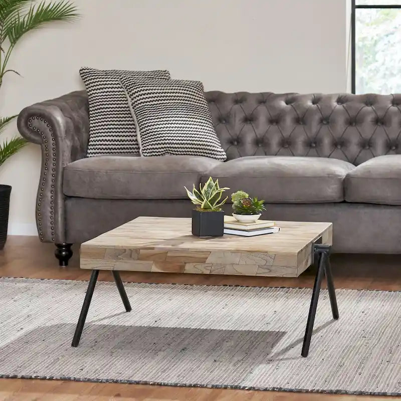 Handcrafted Mango Wood Coffee Table with V-Shaped Iron Legs