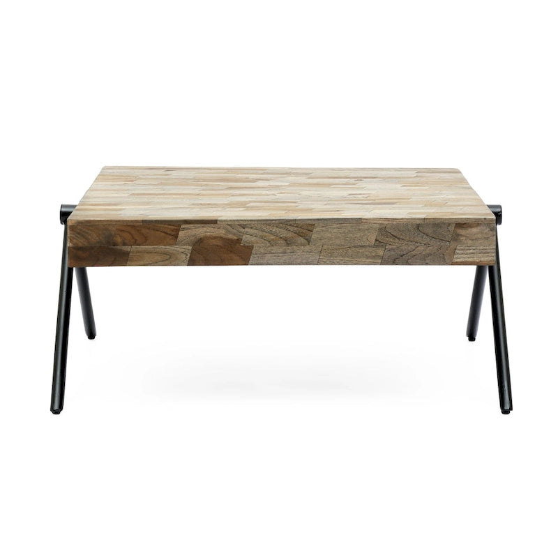 Handcrafted Mango Wood Coffee Table with V-Shaped Iron Legs