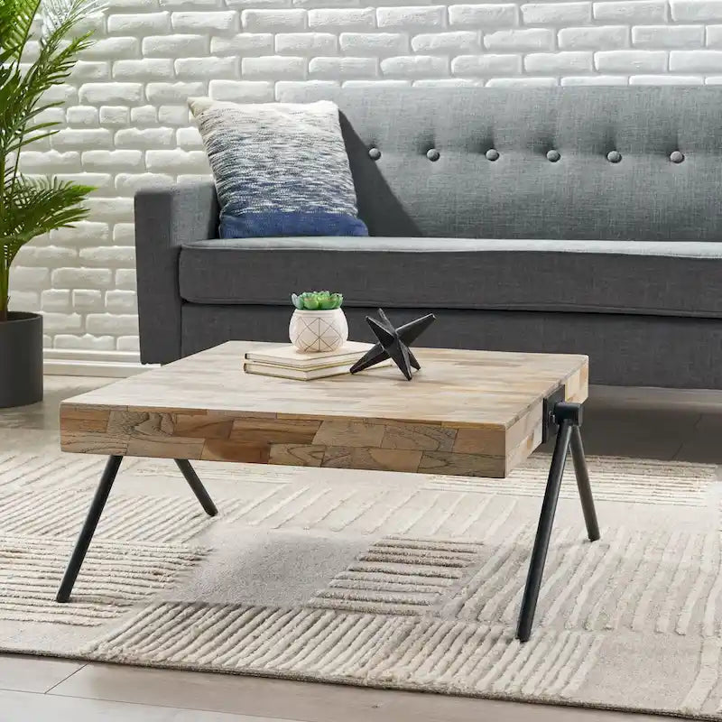 Handcrafted Mango Wood Coffee Table with V-Shaped Iron Legs