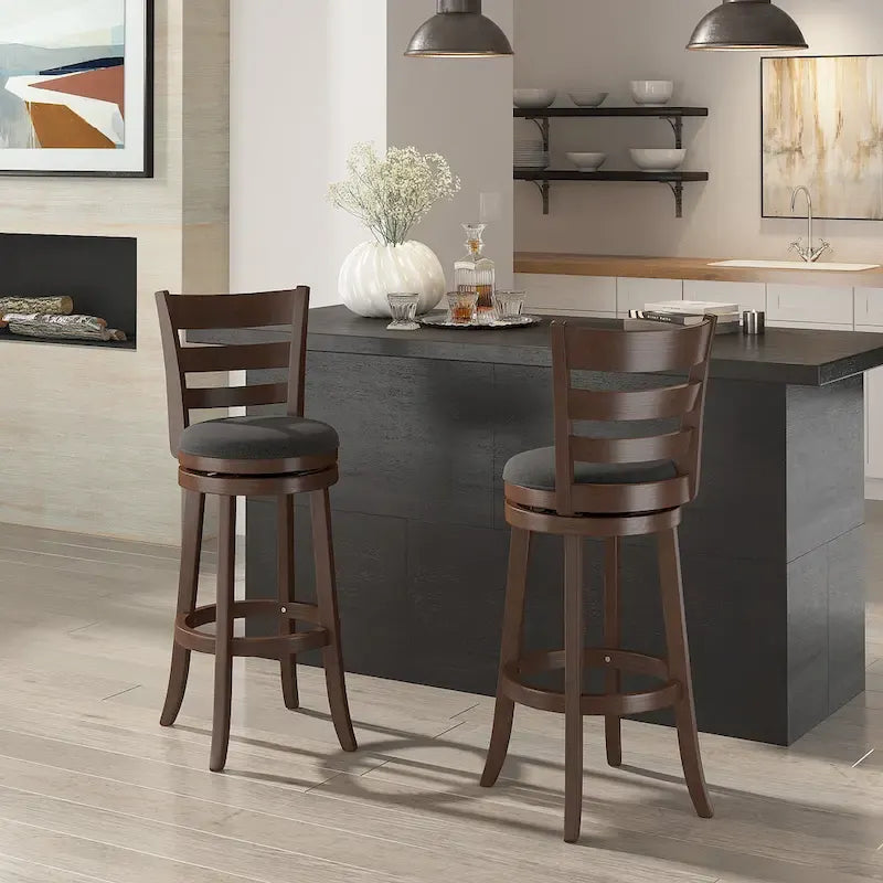 Ladder Back Swivel Bar Stool with Upholstered Seat & Ring Footrest