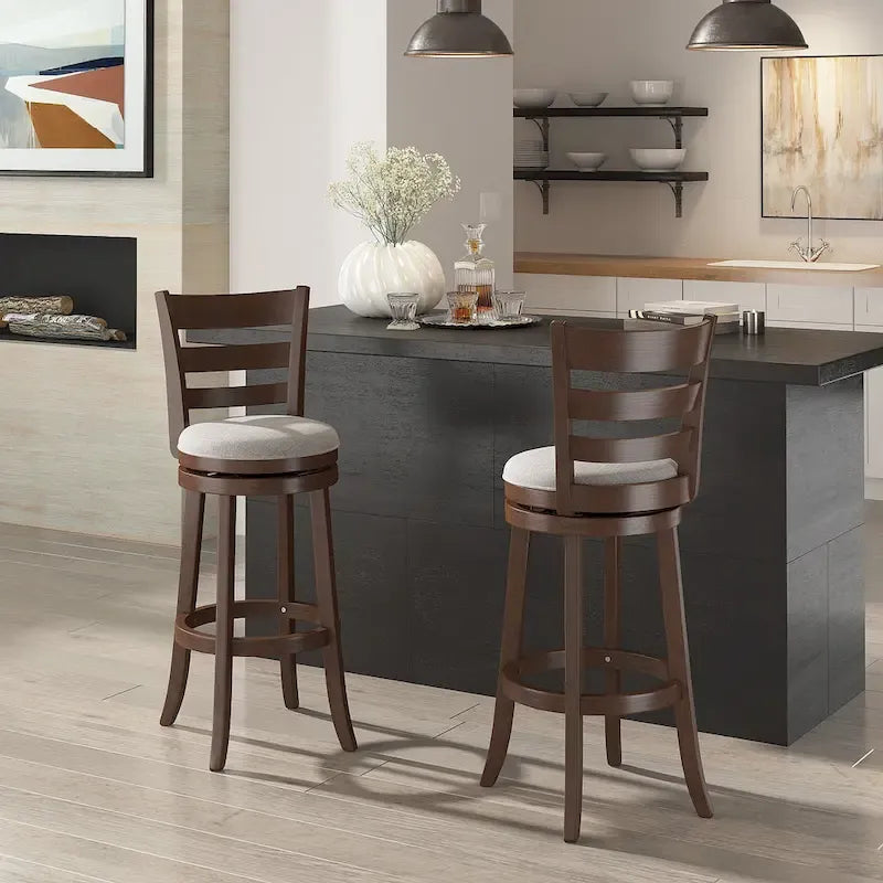 Ladder Back Swivel Bar Stool with Upholstered Seat & Ring Footrest