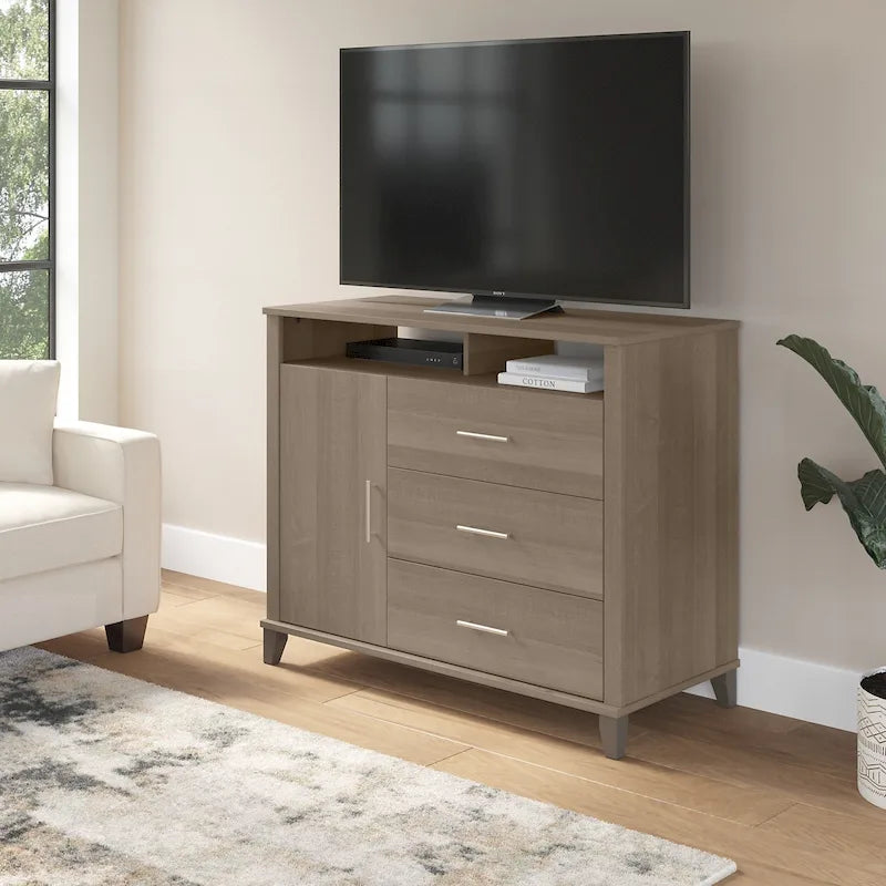 Tall TV Stand with Storage Cabinet, 3 Drawers & Open Shelves