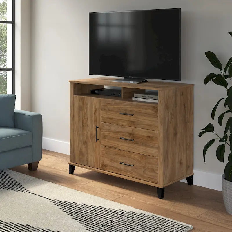 Tall TV Stand with Storage Cabinet, 3 Drawers & Open Shelves
