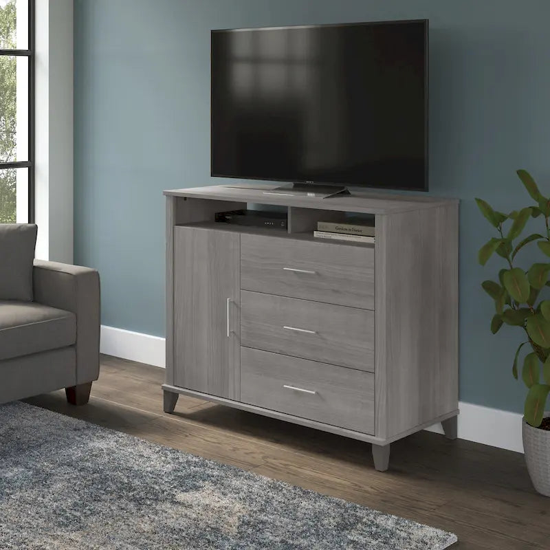 Tall TV Stand with Storage Cabinet, 3 Drawers & Open Shelves
