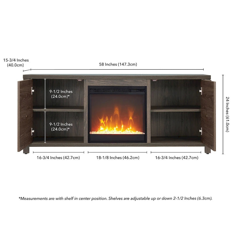 58" TV Stand with Inset Electric Fireplace & Adjustable Storage