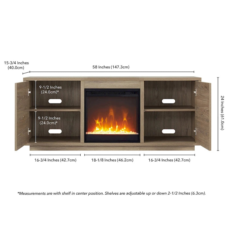 58" TV Stand with Inset Electric Fireplace & Adjustable Storage