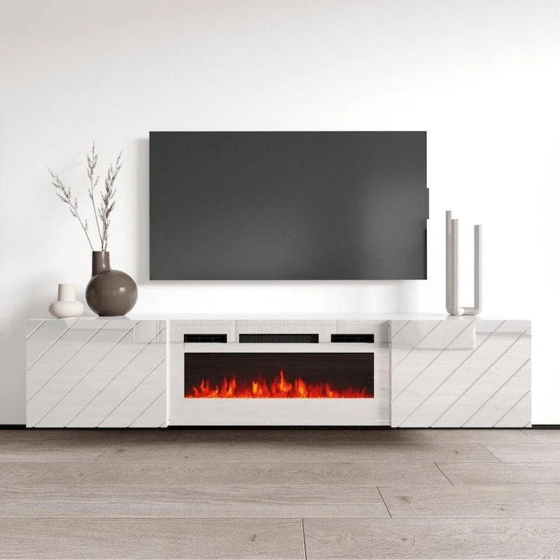72-Inch High Gloss TV Stand with Built-In Electric Fireplace Insert