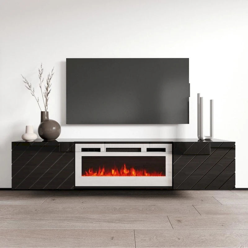 72-Inch High Gloss TV Stand with Built-In Electric Fireplace Insert