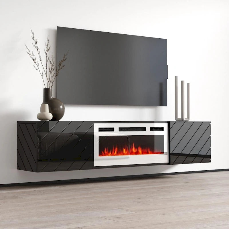 72-Inch High Gloss TV Stand with Built-In Electric Fireplace Insert