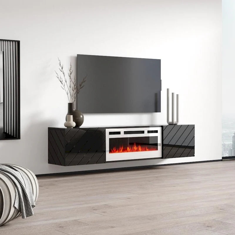 72-Inch High Gloss TV Stand with Built-In Electric Fireplace Insert