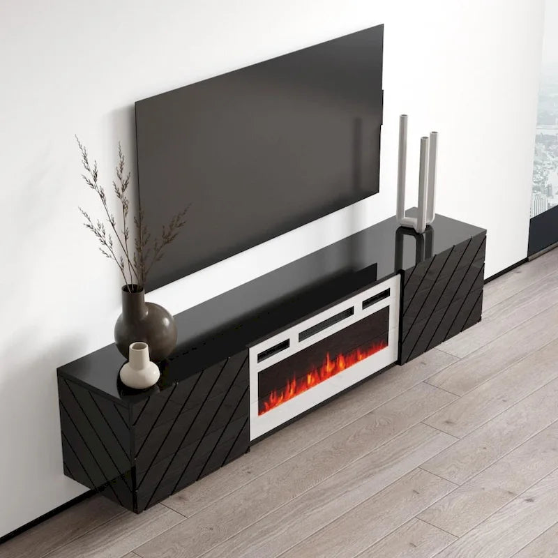 72-Inch High Gloss TV Stand with Built-In Electric Fireplace Insert