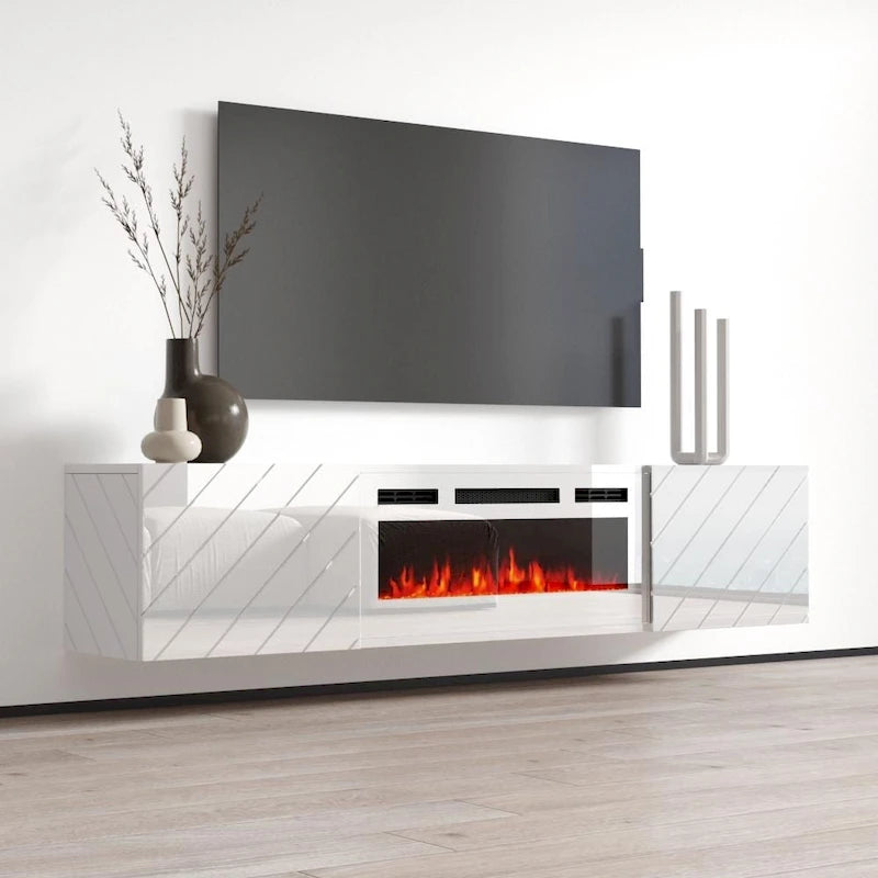 72-Inch High Gloss TV Stand with Built-In Electric Fireplace Insert