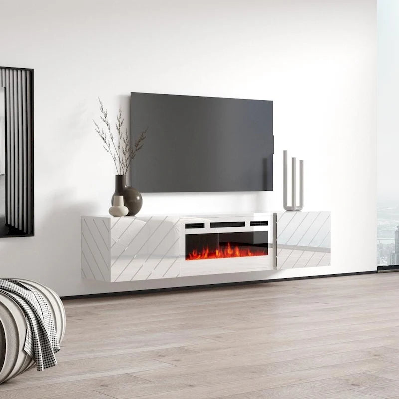 72-Inch High Gloss TV Stand with Built-In Electric Fireplace Insert