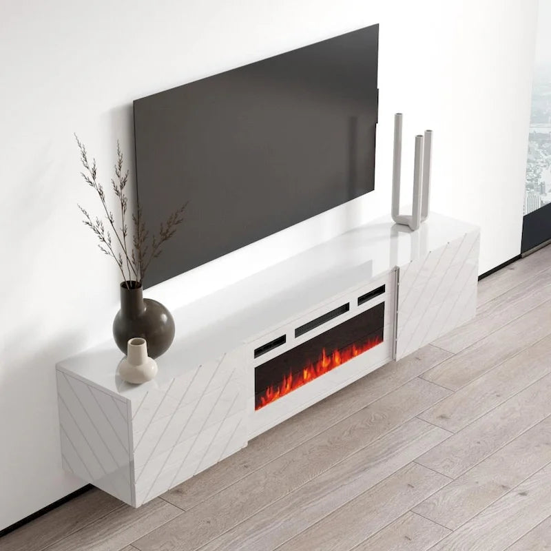 72-Inch High Gloss TV Stand with Built-In Electric Fireplace Insert