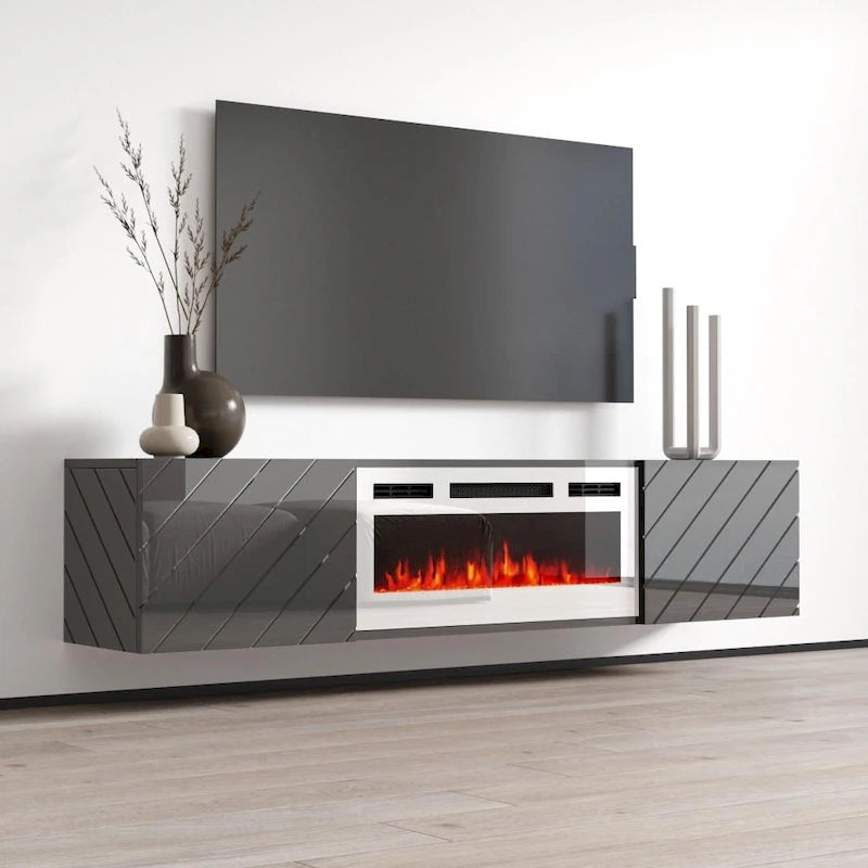 72-Inch High Gloss TV Stand with Built-In Electric Fireplace Insert