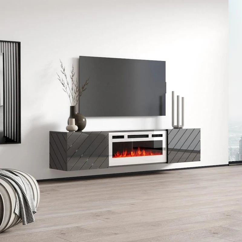 72-Inch High Gloss TV Stand with Built-In Electric Fireplace Insert