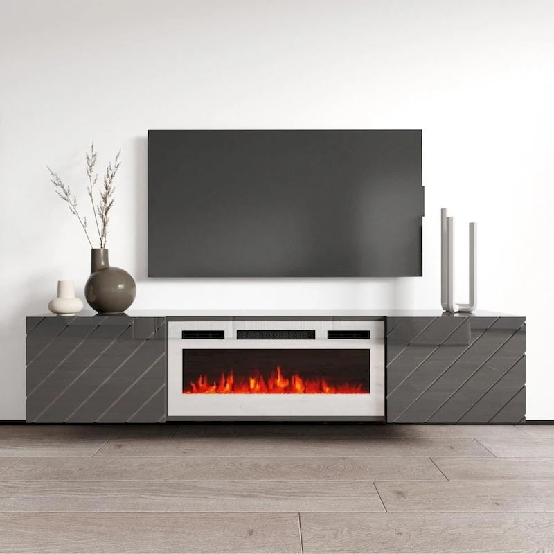 72-Inch High Gloss TV Stand with Built-In Electric Fireplace Insert