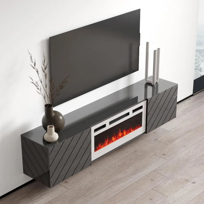 72-Inch High Gloss TV Stand with Built-In Electric Fireplace Insert