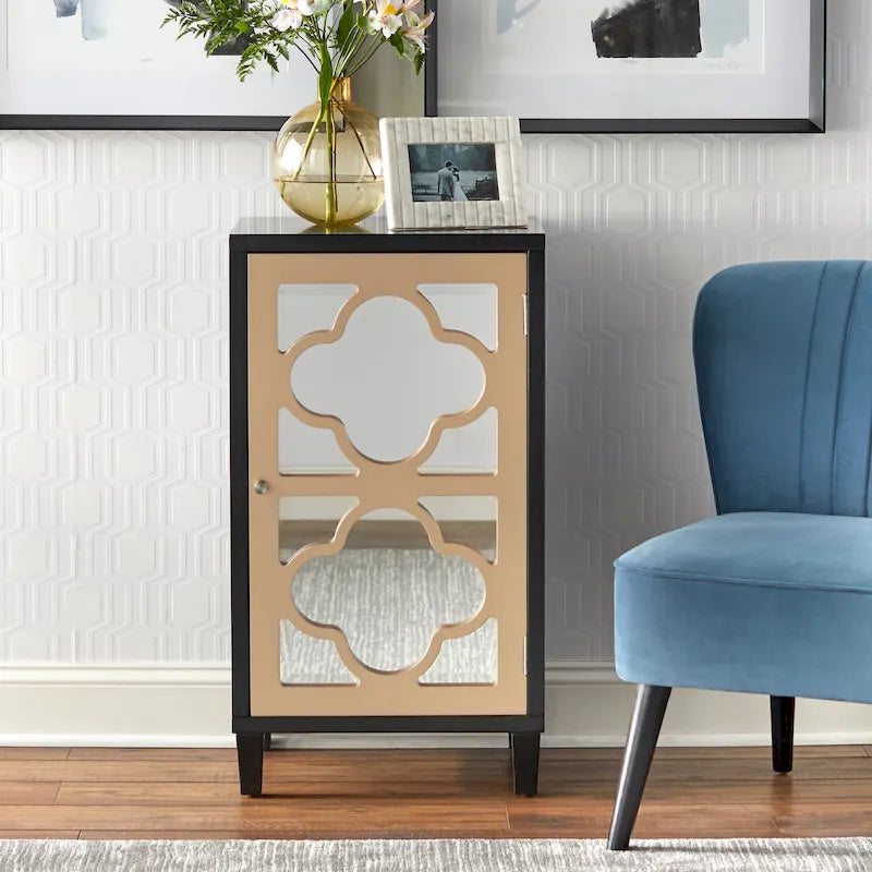 Mirrored Quatrefoil Side Cabinet with Interior Shelf