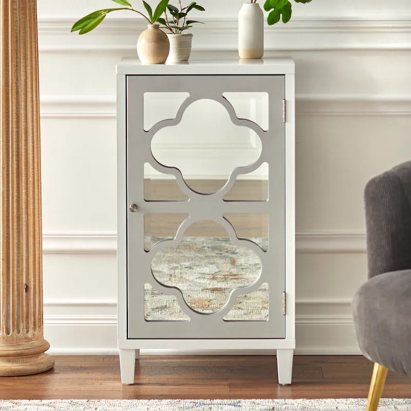 Mirrored Quatrefoil Side Cabinet with Interior Shelf