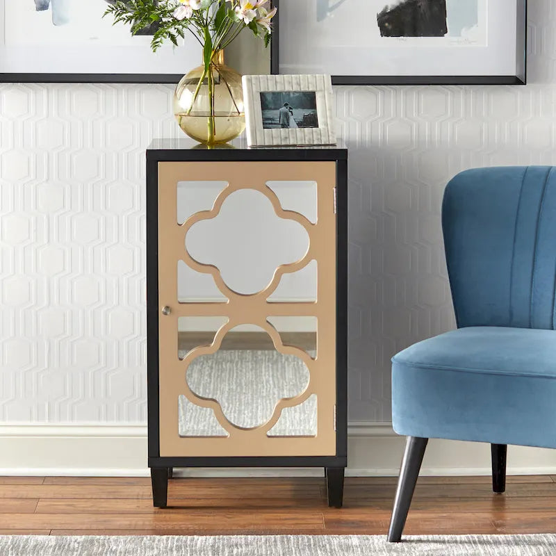 Mirrored Quatrefoil Side Cabinet with Interior Shelf