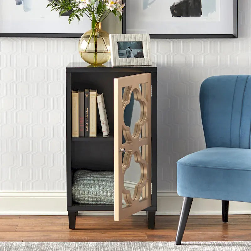Mirrored Quatrefoil Side Cabinet with Interior Shelf
