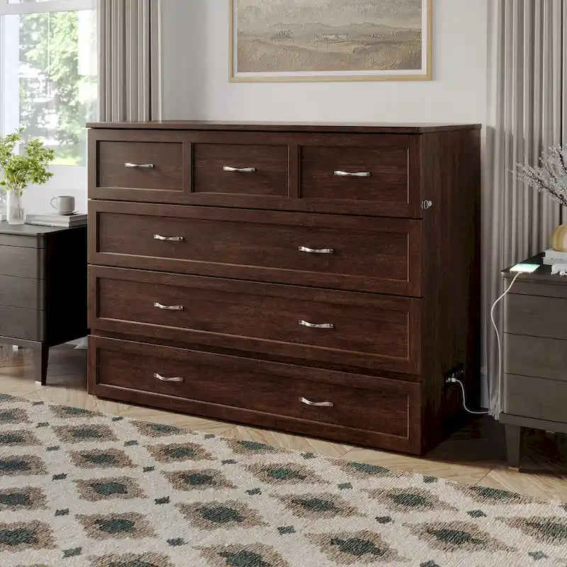 Full Size Murphy Bed Chest with Mattress, Storage Drawer & USB Charging
