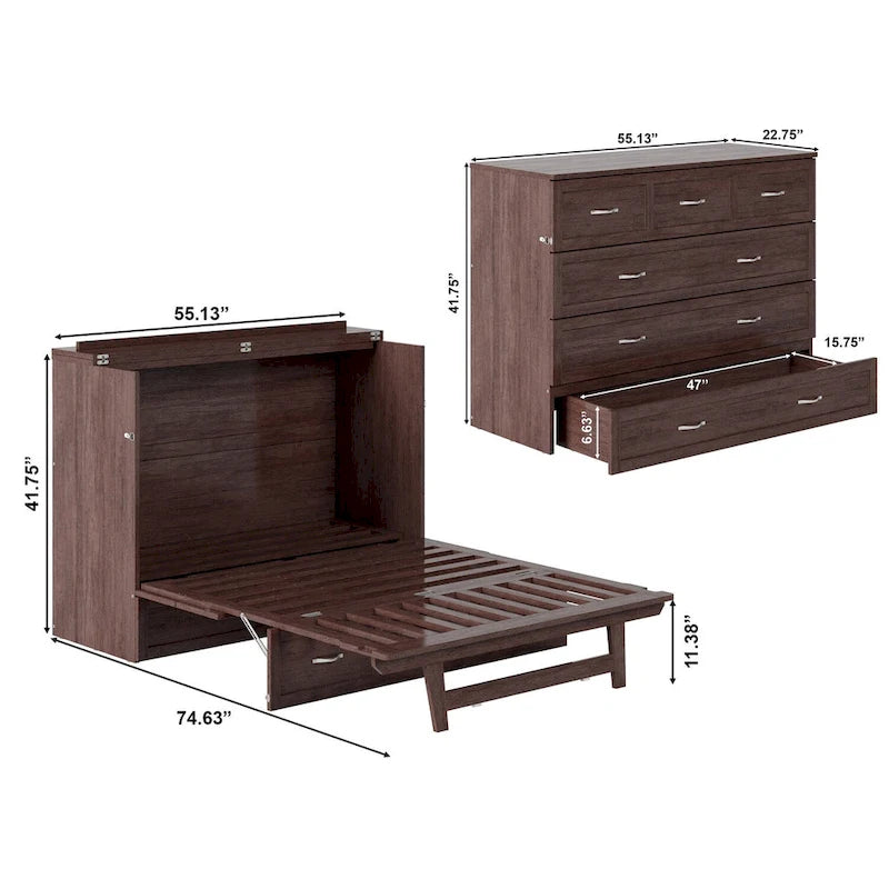 Full Size Murphy Bed Chest with Mattress, Storage Drawer & USB Charging