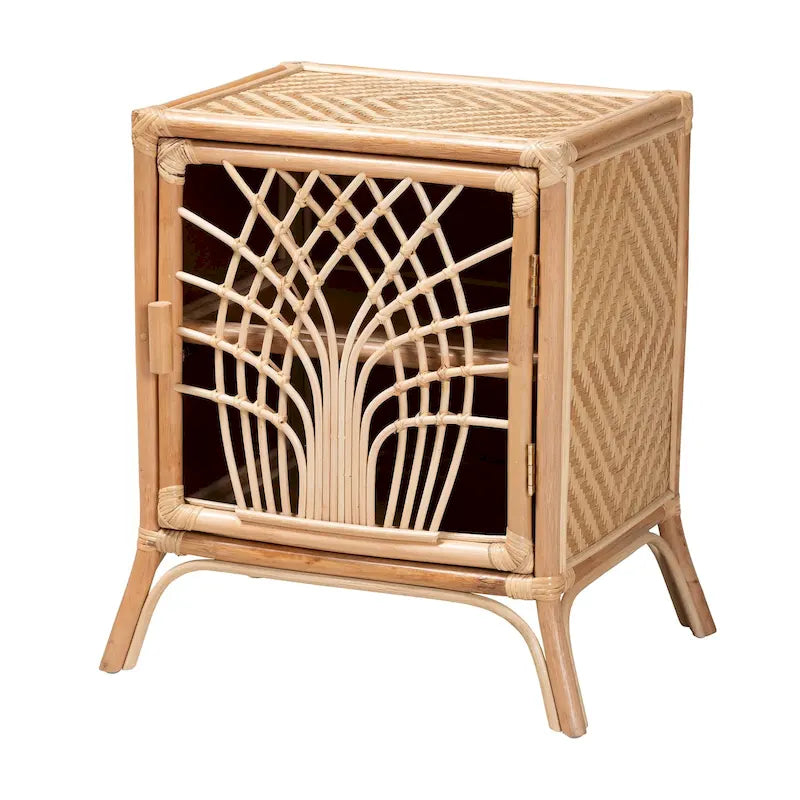 Bohemian Natural Rattan Nightstand with Openwork Door