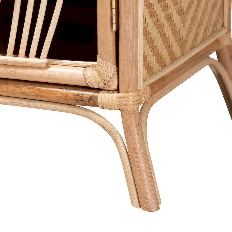 Bohemian Natural Rattan Nightstand with Openwork Door