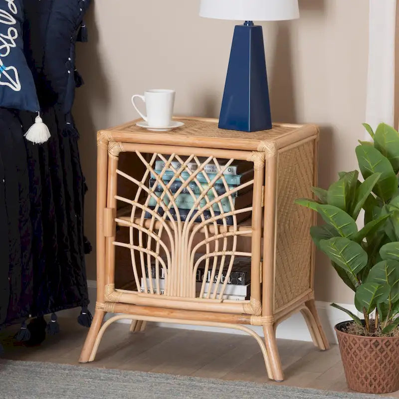 Bohemian Natural Rattan Nightstand with Openwork Door