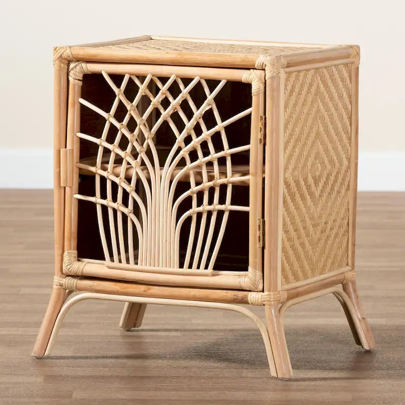 Bohemian Natural Rattan Nightstand with Openwork Door
