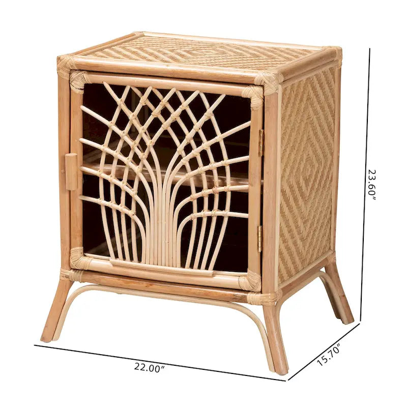 Bohemian Natural Rattan Nightstand with Openwork Door