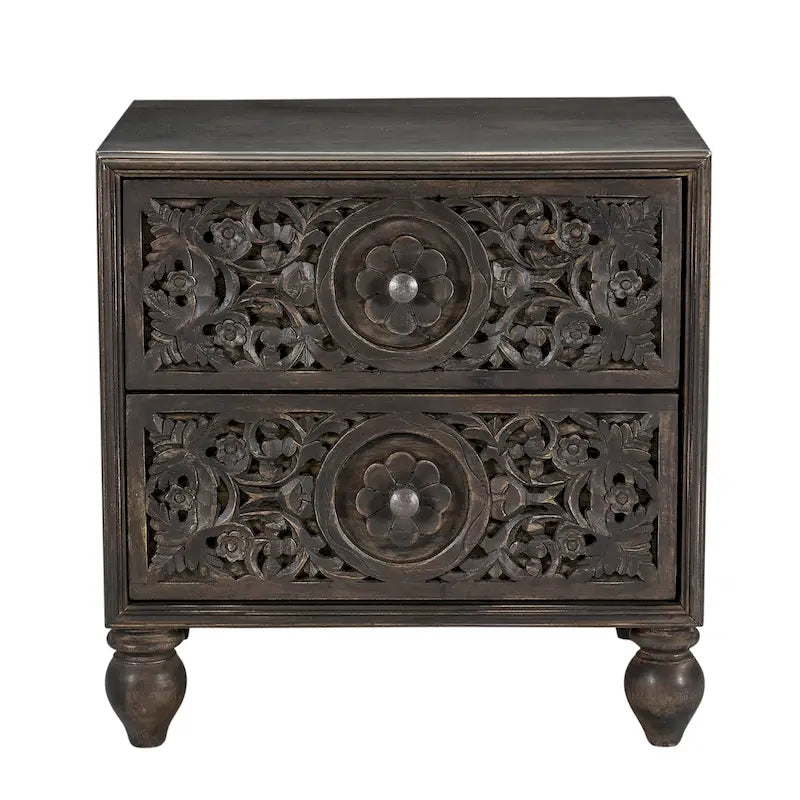 Mango Wood Boho 2-Drawer Night Chest with Hand-Carved Details
