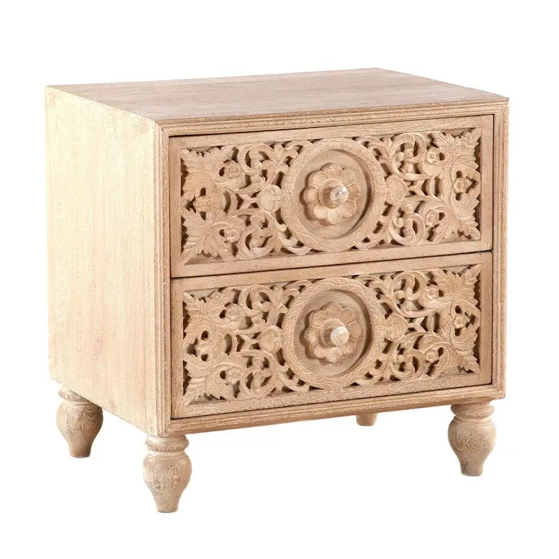Mango Wood Boho 2-Drawer Night Chest with Hand-Carved Details