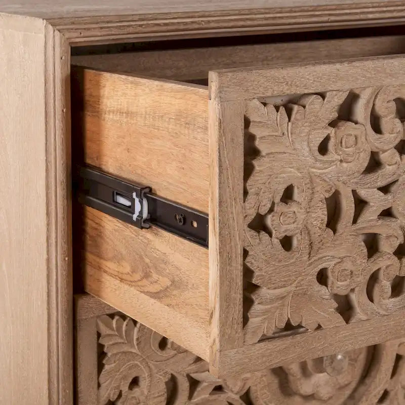 Mango Wood Boho 2-Drawer Night Chest with Hand-Carved Details