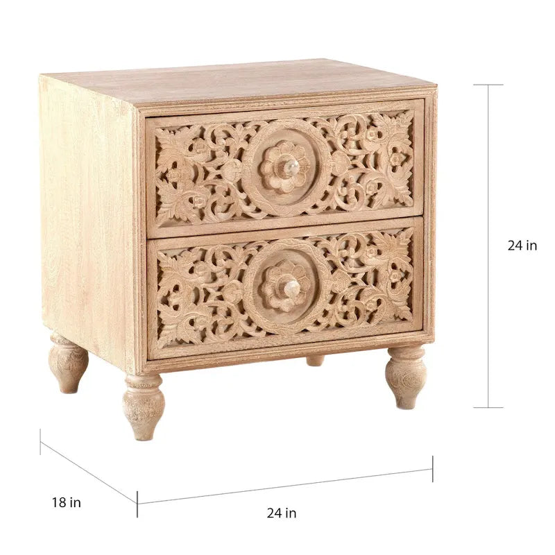 Mango Wood Boho 2-Drawer Night Chest with Hand-Carved Details