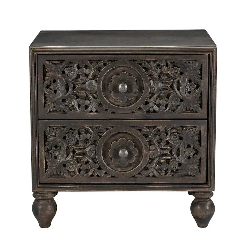 Mango Wood Boho 2-Drawer Night Chest with Hand-Carved Details