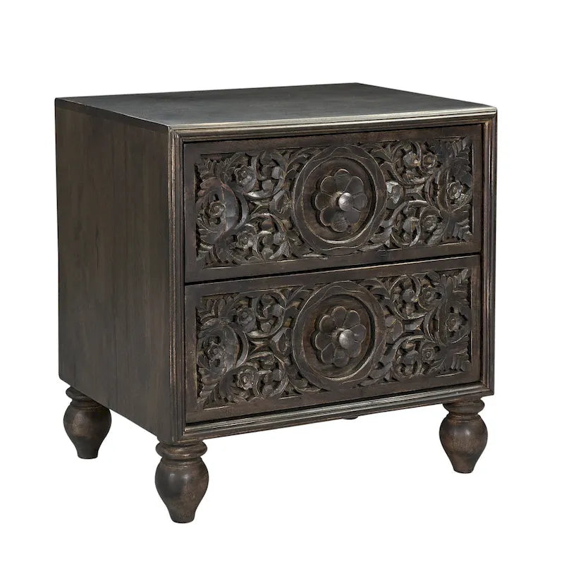 Mango Wood Boho 2-Drawer Night Chest with Hand-Carved Details