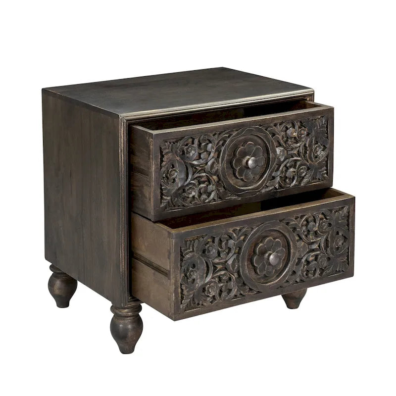 Mango Wood Boho 2-Drawer Night Chest with Hand-Carved Details