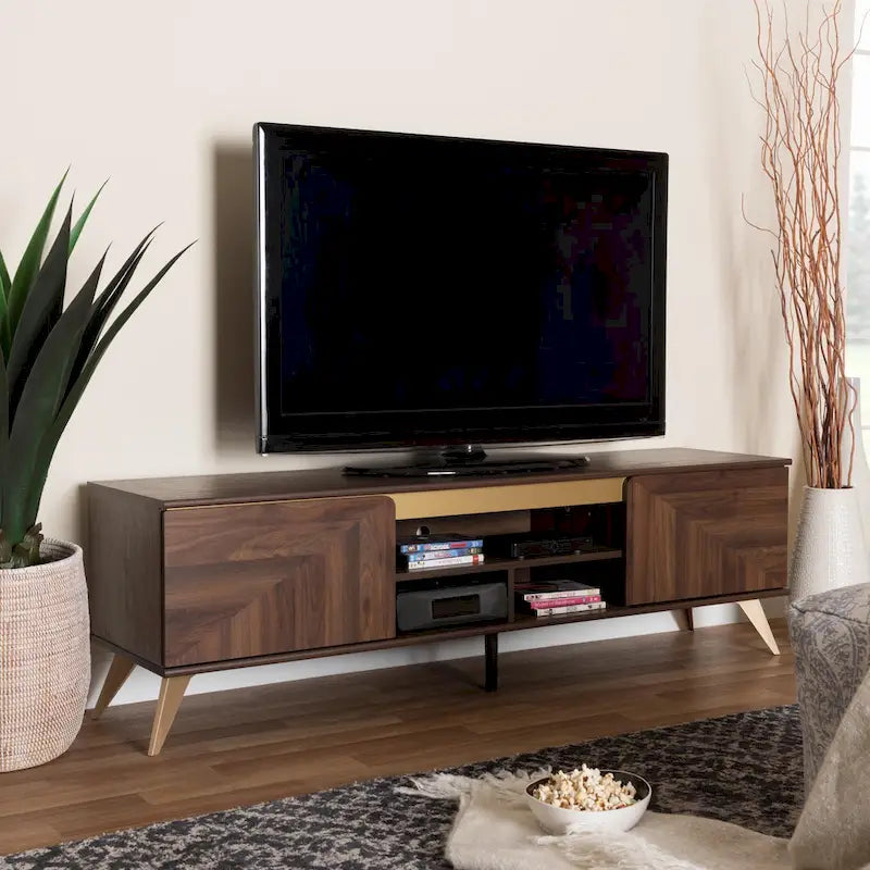 61" Mid-Century Modern TV Stand with 2-Door Cabinet & Open Shelves