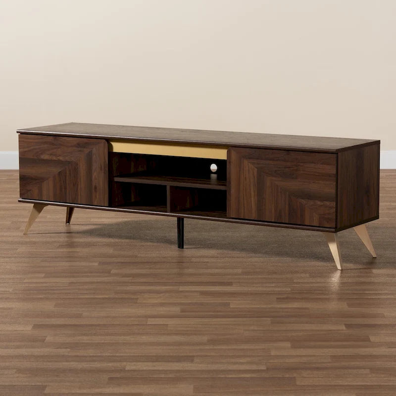 61" Mid-Century Modern TV Stand with 2-Door Cabinet & Open Shelves