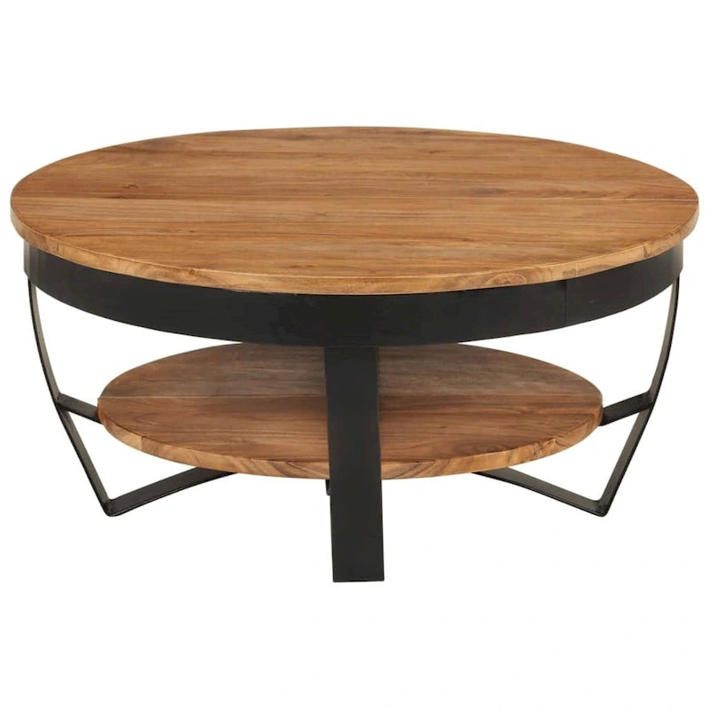 Round Solid Acacia Wood Coffee Table with Lower Shelf & Steel Base