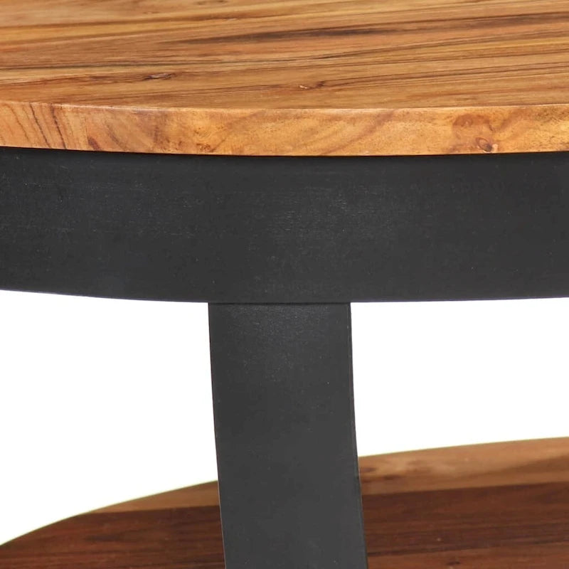 Round Solid Acacia Wood Coffee Table with Lower Shelf & Steel Base
