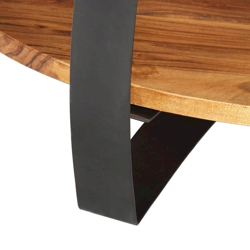 Round Solid Acacia Wood Coffee Table with Lower Shelf & Steel Base