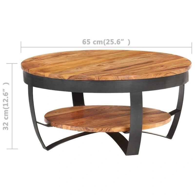 Round Solid Acacia Wood Coffee Table with Lower Shelf & Steel Base