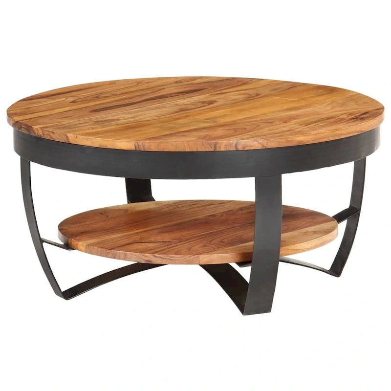 Round Solid Acacia Wood Coffee Table with Lower Shelf & Steel Base