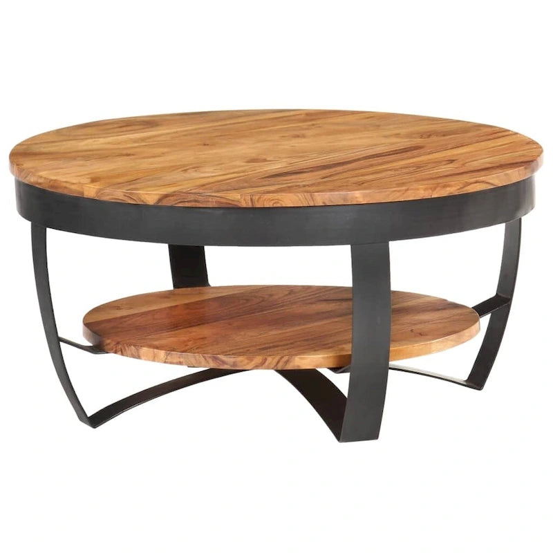 Round Solid Acacia Wood Coffee Table with Lower Shelf & Steel Base