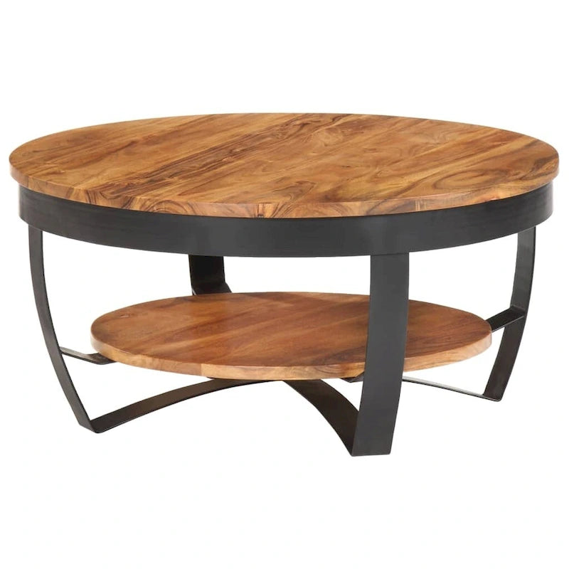 Round Solid Acacia Wood Coffee Table with Lower Shelf & Steel Base
